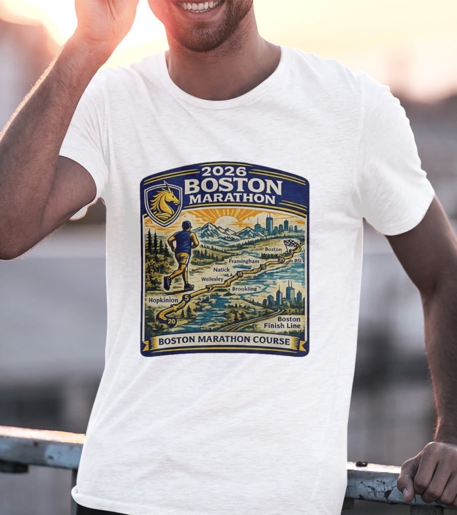 2026 Boston Marathon Course Hopkinton Framingham Natick Wellesley Brookline Finish Line T-Shirt