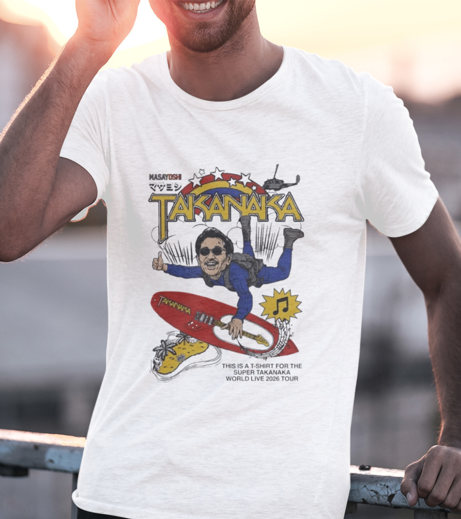 Masayoshi Takanaka Super World Live 2026 Tour Parody With Surfboard And Helicopter T-Shirt