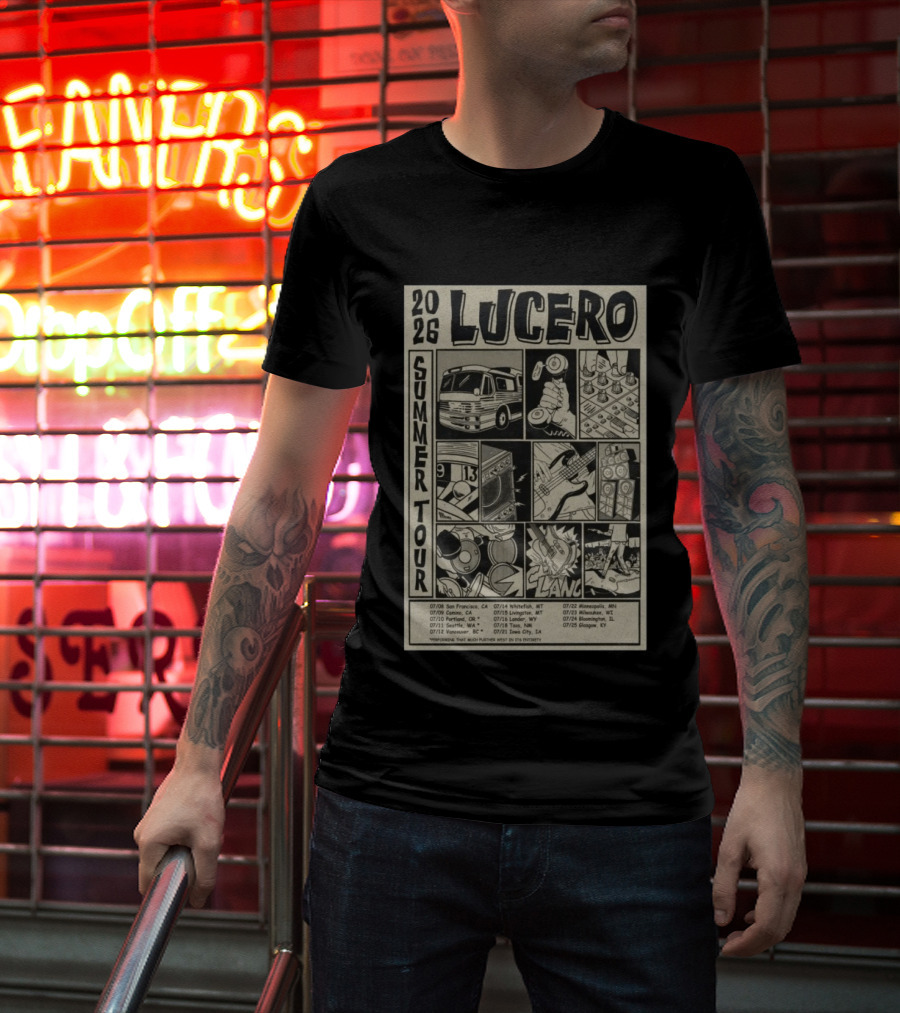 2026 Lucero Summer Tour Dates Featuring Vintage Comic Style With Iconic Band Imagery And Tour Stops T-Shirt