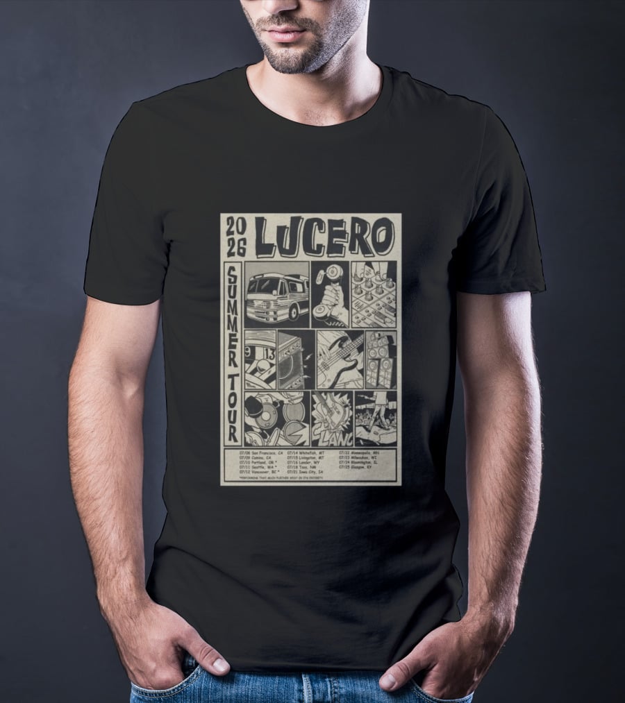 2026 Lucero Summer Tour Dates Featuring Vintage Comic Style With Iconic Band Imagery And Tour Stops T-Shirt