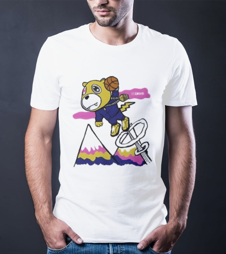 Dnvr Flying Basketball Mascot In Colorful Mountain Scene With Bicycle And Lightning T-Shirt