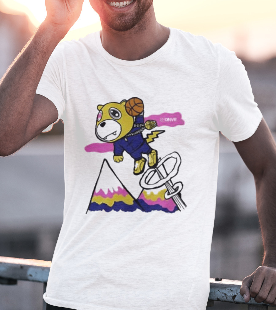 Dnvr Flying Basketball Mascot In Colorful Mountain Scene With Bicycle And Lightning T-Shirt