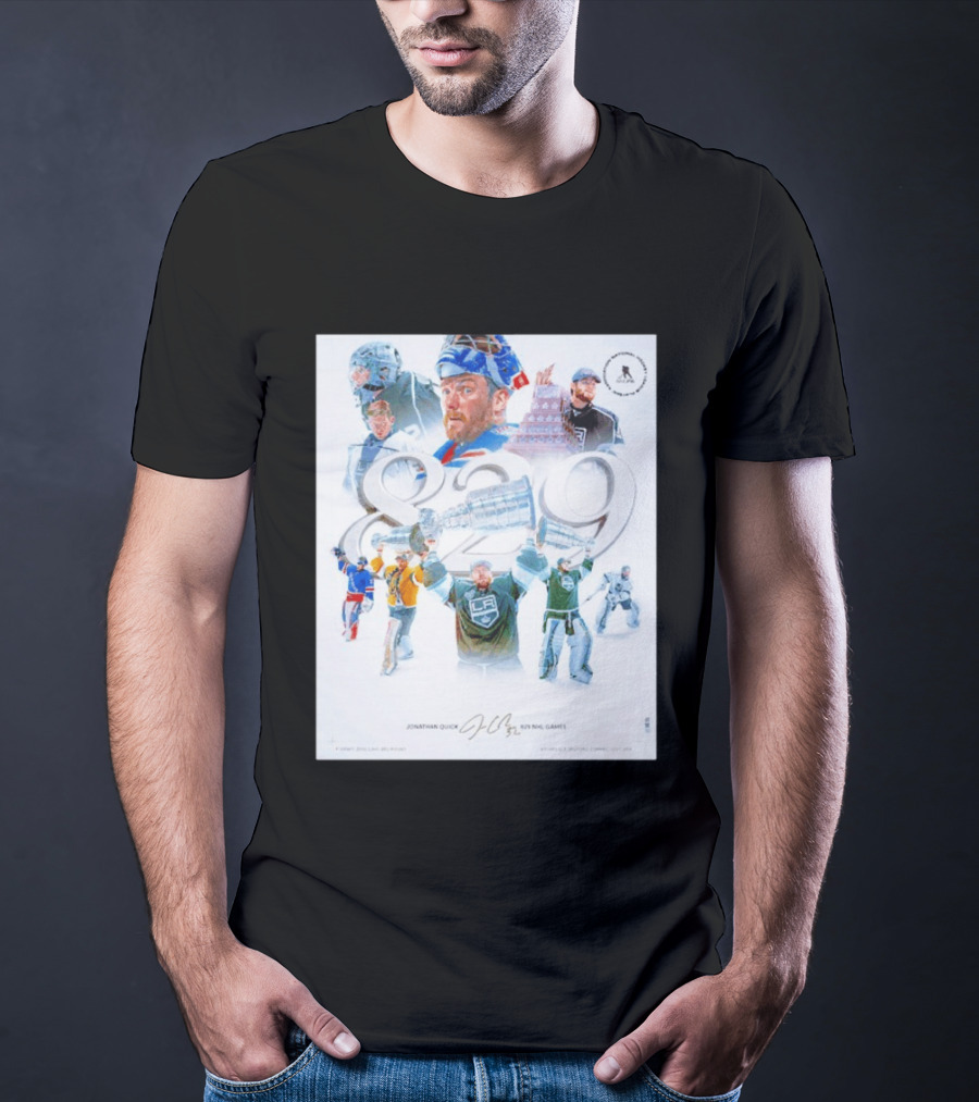 Jonathan Quick 829 NHL Games Collage With Stanley Cup Images T-Shirt