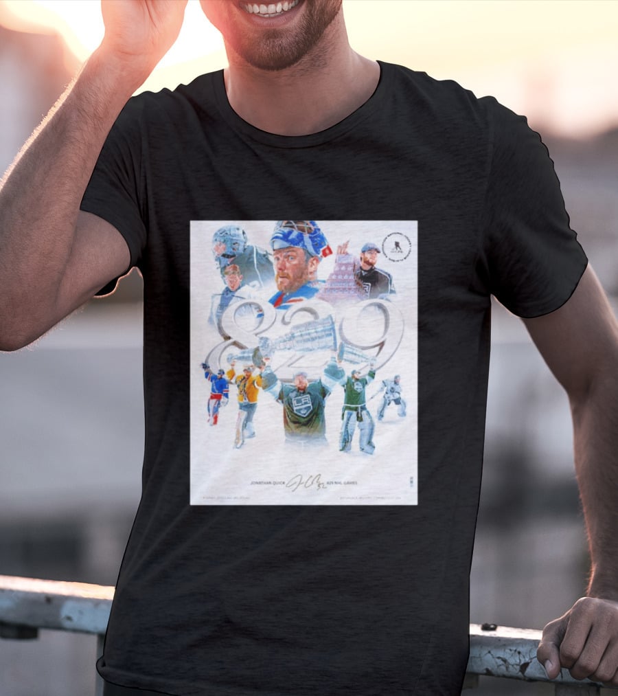 Jonathan Quick 829 NHL Games Collage With Stanley Cup Images T-Shirt