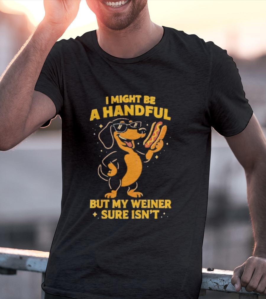 I Might Be A Handful But My Weiner Sure Isn't Hotdog Dog Wearing Glasses Holding Hotdog T-Shirt