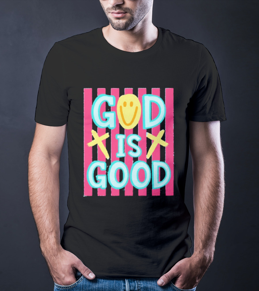 God Is Good Smiley Face Crosses Pink Stripes T-Shirt