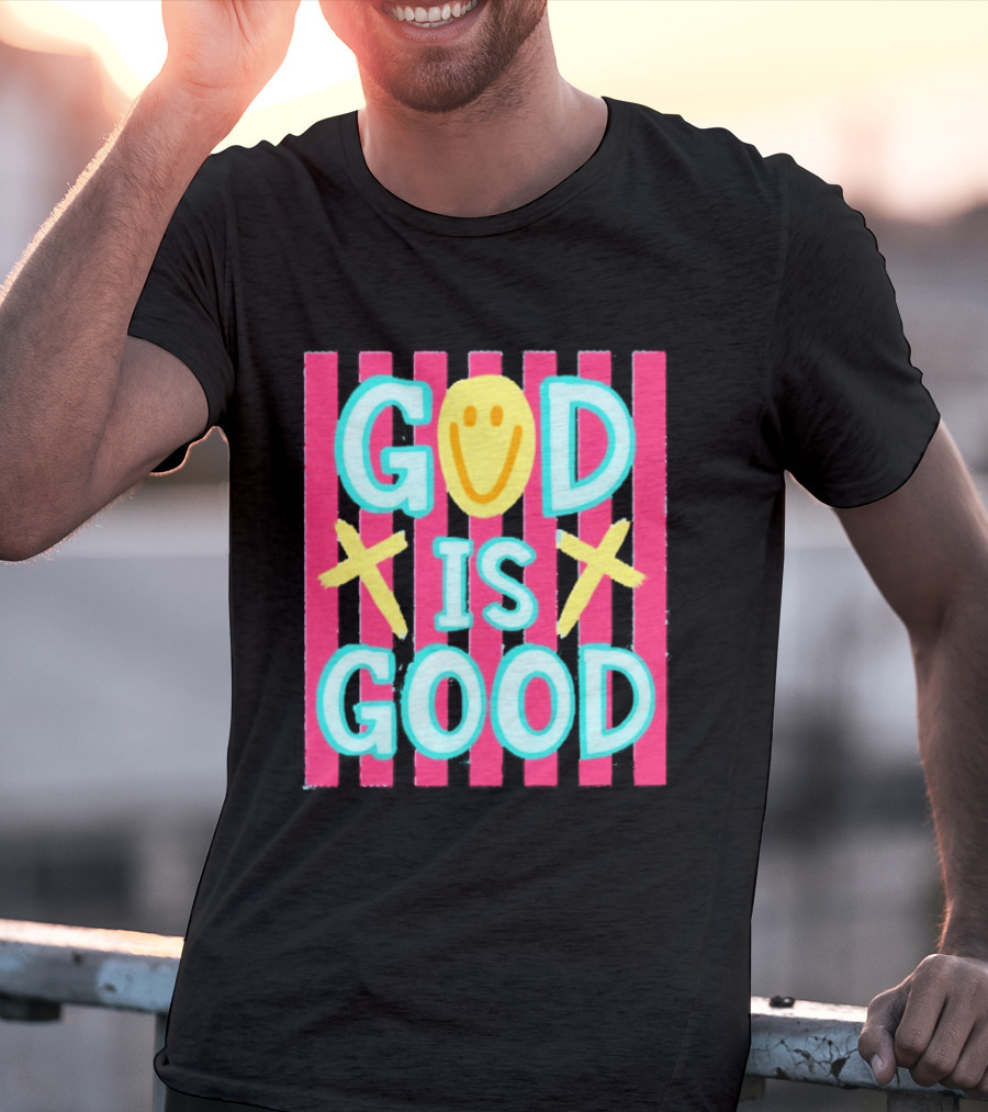 God Is Good Smiley Face Crosses Pink Stripes T-Shirt