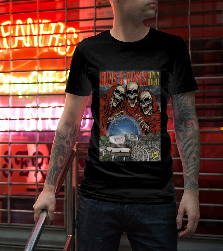 Guns N' Roses Fortaleza 18 De Abril Skeleton Red Hooded Figures Concert T-Shirt