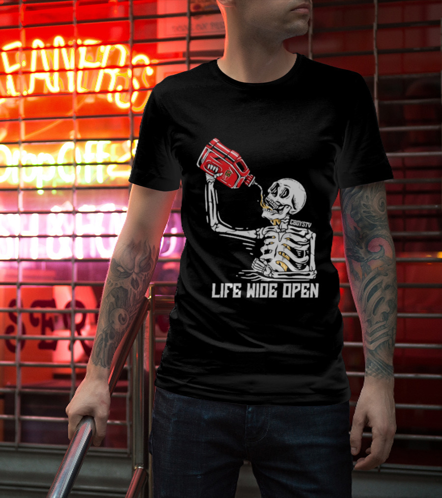 Cboystv Life Wide Open Skeleton Drinking Soul Fuel T-Shirt