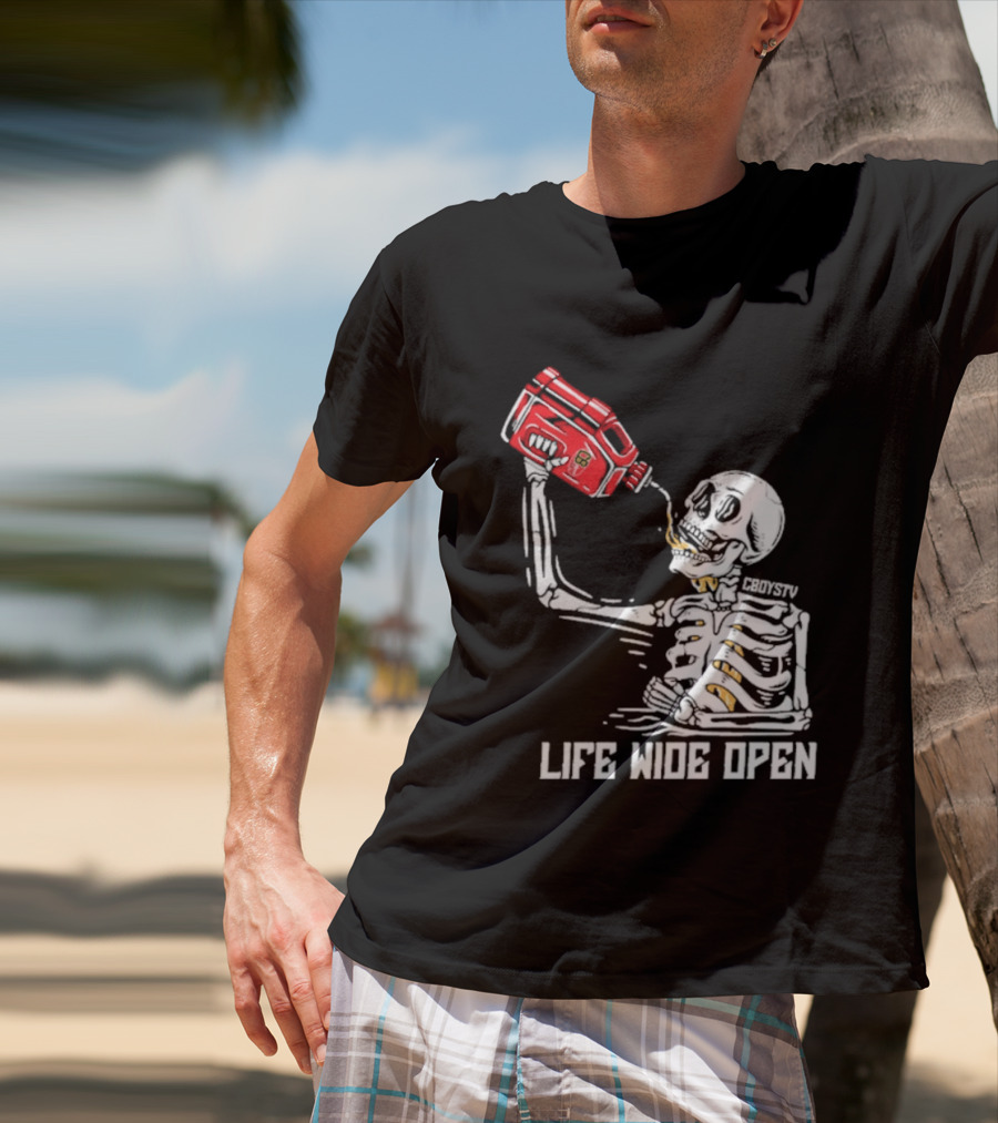 Cboystv Life Wide Open Skeleton Drinking Soul Fuel T-Shirt