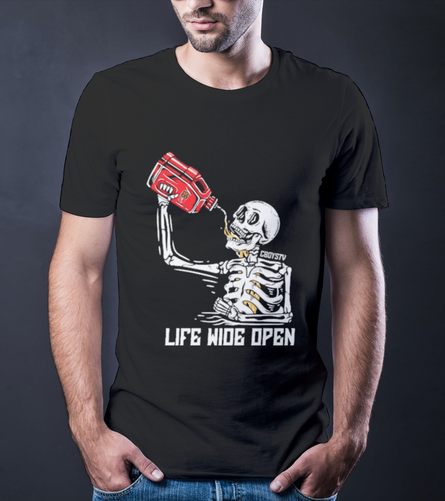 Cboystv Life Wide Open Skeleton Drinking Soul Fuel T-Shirt