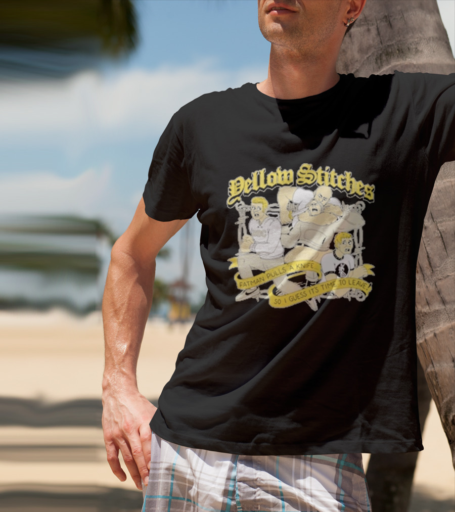 Yellow Stitches Friends Family Forever ROC Fatman Pulls A Knife T-Shirt