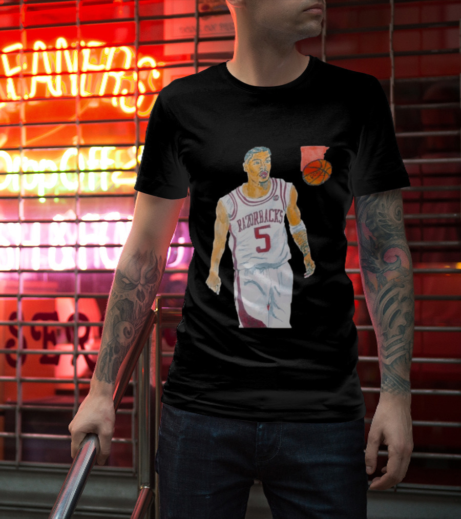 Arkansas Razorbacks Basketball Darius Acuff Jr. Caricature Player Number 5 T-Shirt