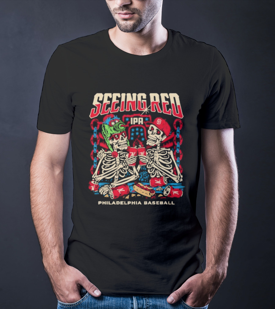 Seeing Red Philadelphia Baseball Skeletons Red Caps Hot Dog Beer T-Shirt