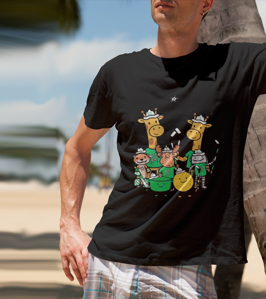 Dallas Stars Cartoon Characters Family Fun With Giraffe Moose Dog Bear And Cat T-Shirt