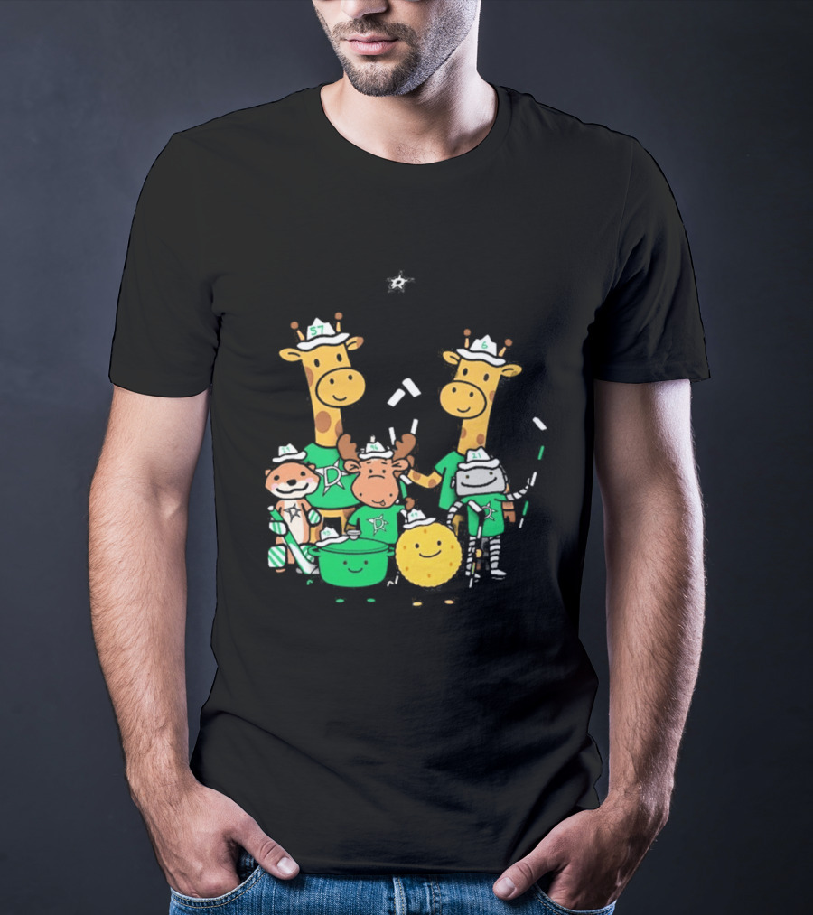 Dallas Stars Cartoon Characters Family Fun With Giraffe Moose Dog Bear And Cat T-Shirt