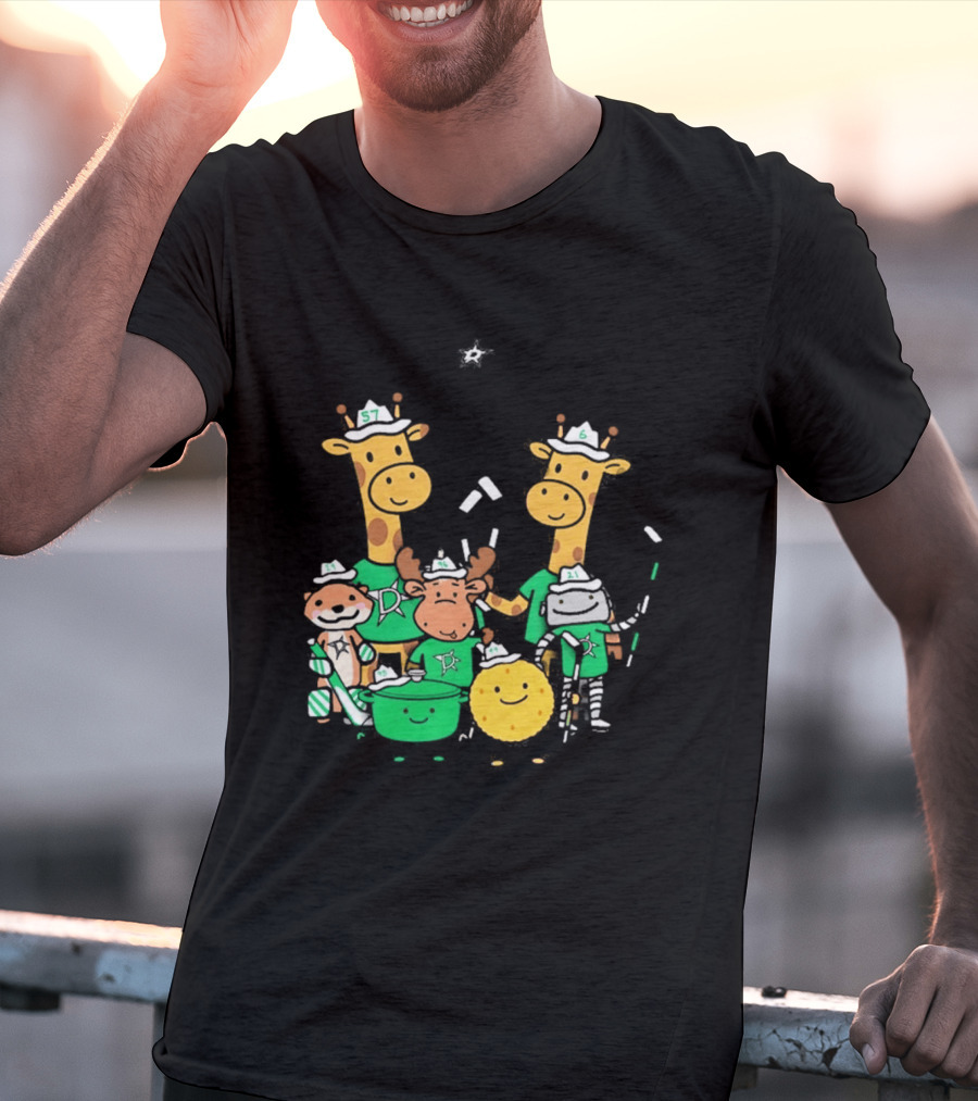 Dallas Stars Cartoon Characters Family Fun With Giraffe Moose Dog Bear And Cat T-Shirt