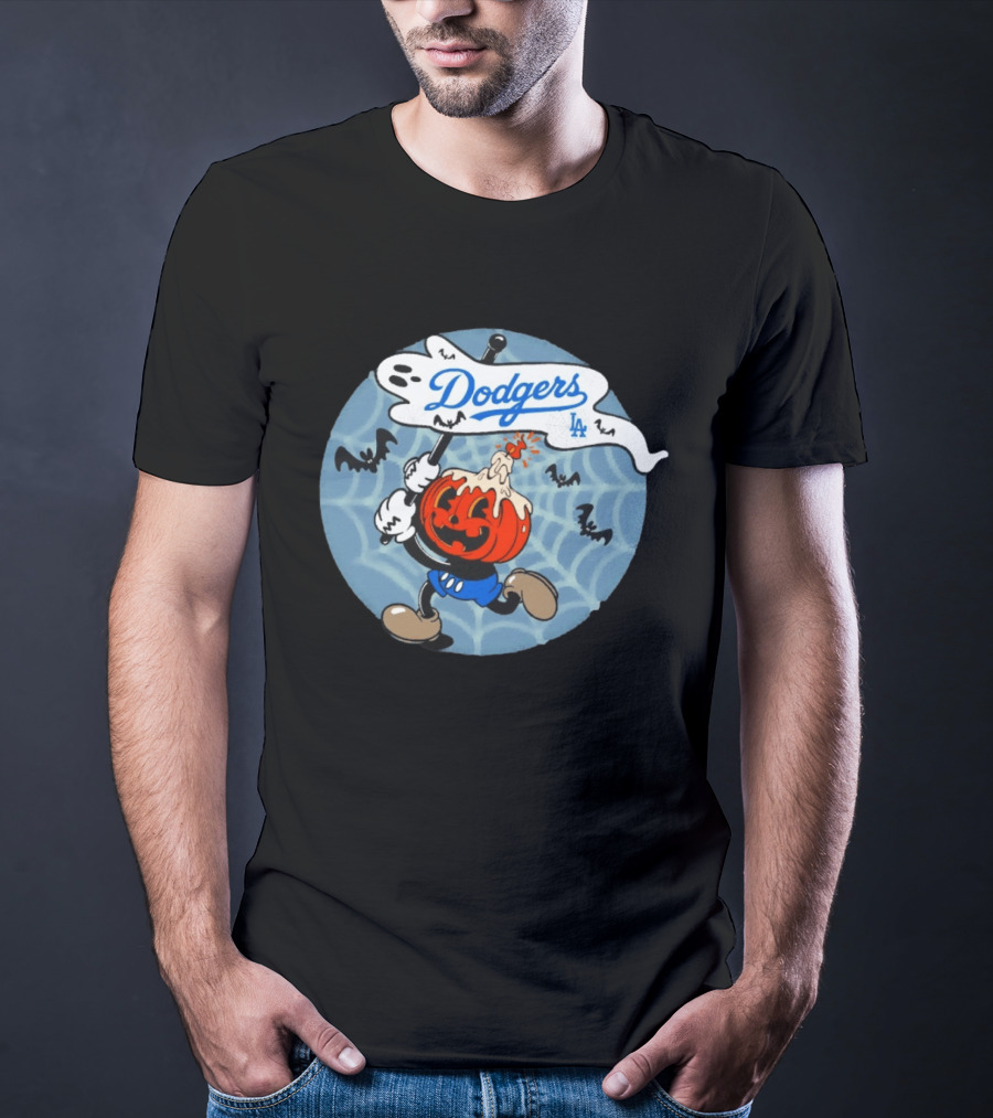 Los Angeles Dodgers Halloween Pumpkin Head Vintage Cartoon With Bats And Webs T-Shirt
