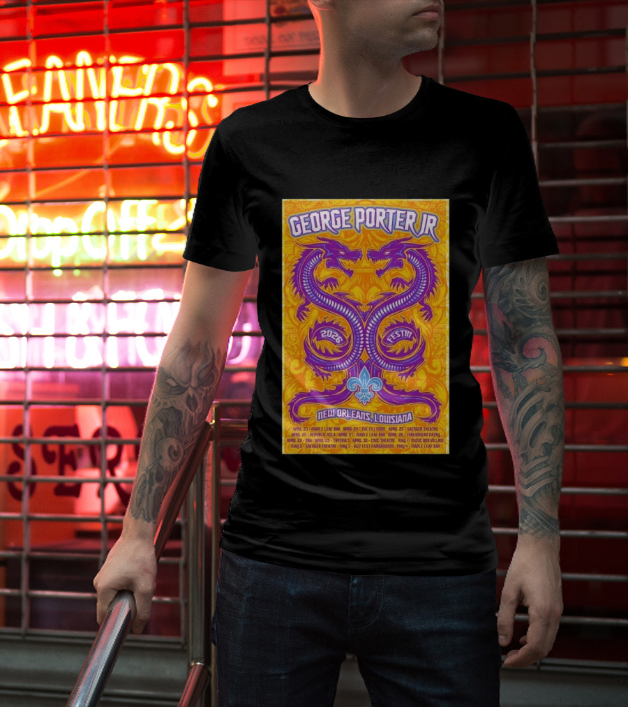 George Porter JR 2026 Fest In New Orleans Louisiana With Dragons And Fleur De Lis T-Shirt