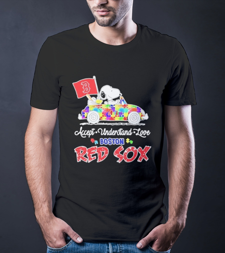 Snoopy Woodstock Boston Red Sox Driving Car Autism Awareness Accept Understand Love 2026 T-Shirt