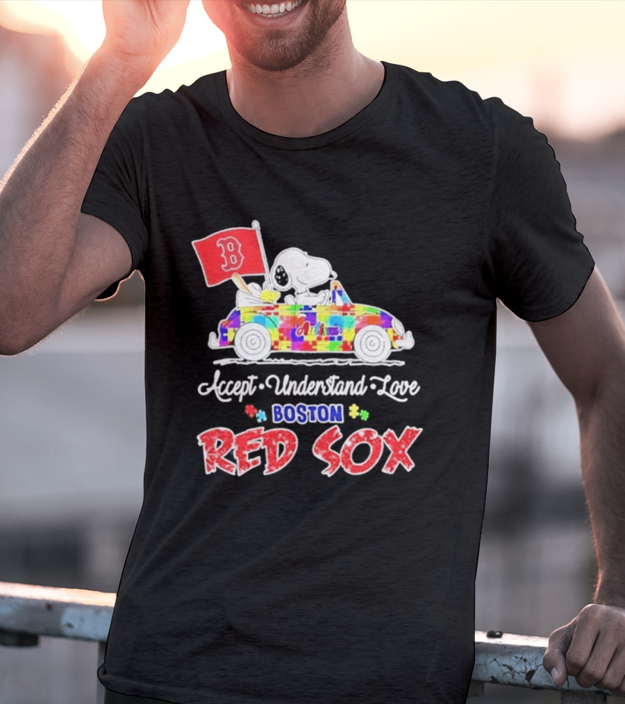 Snoopy Woodstock Boston Red Sox Driving Car Autism Awareness Accept Understand Love 2026 T-Shirt