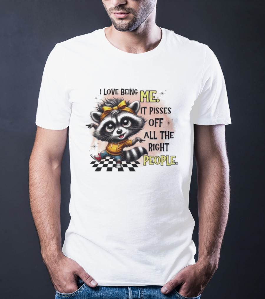 Raccoon I Love Being Me It Pisses Off All The Right People Yellow Bandana Denim Sneakers T-Shirt