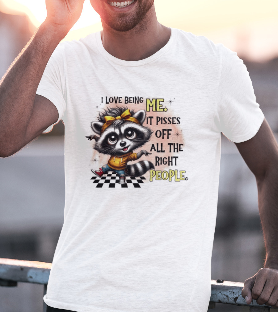 Raccoon I Love Being Me It Pisses Off All The Right People Yellow Bandana Denim Sneakers T-Shirt