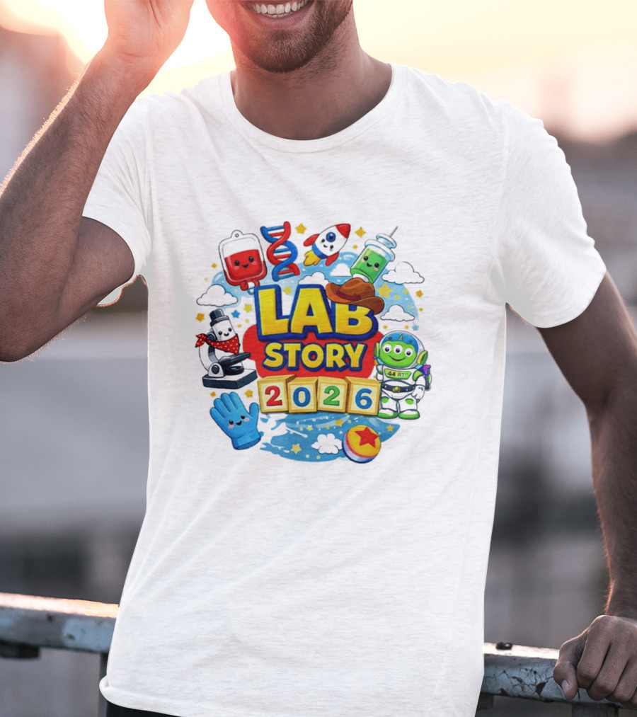 LAB STORY 2026 Cartoon Rocket Alien Science Adventure T-Shirt