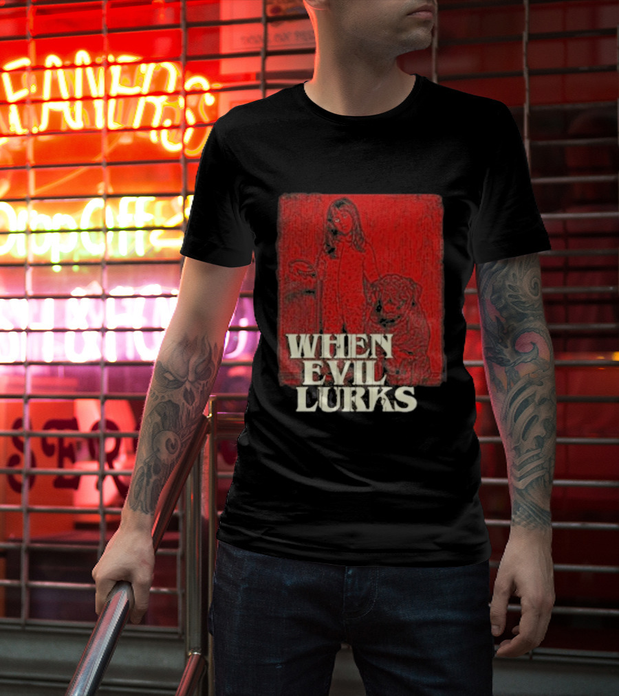 When Evil Lurks Red Background Girl With Bear T-Shirt