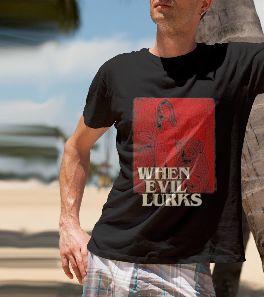 When Evil Lurks Red Background Girl With Bear T-Shirt