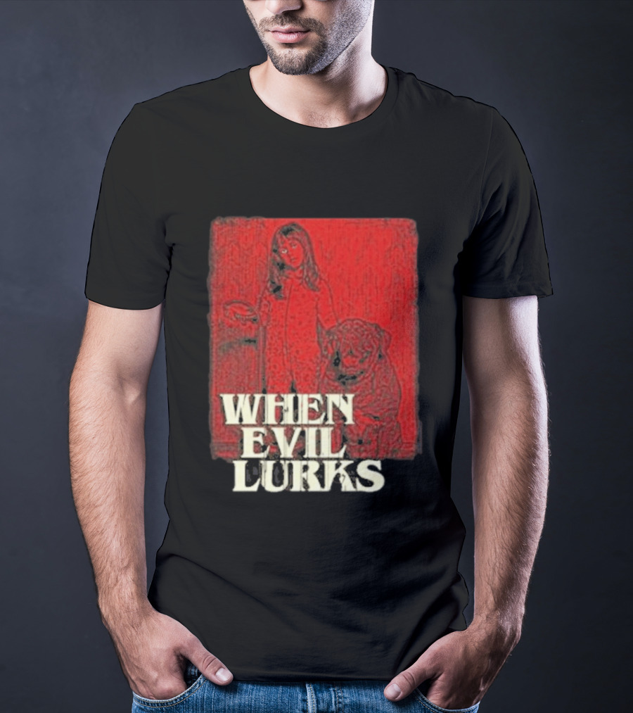 When Evil Lurks Red Background Girl With Bear T-Shirt