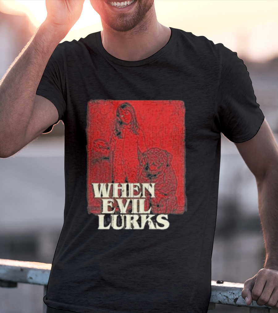 When Evil Lurks Red Background Girl With Bear T-Shirt