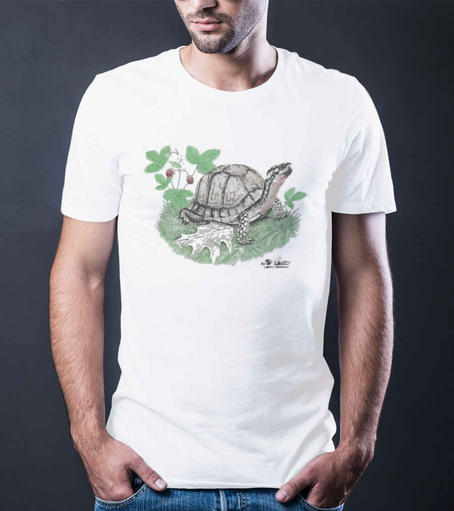 Naturet Turtle Among Berries And Greenery On Stone Base T-Shirt