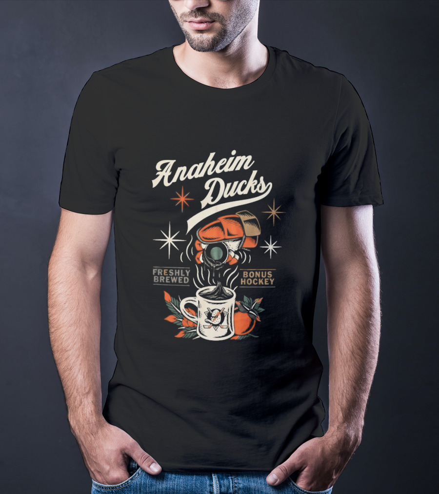 Anaheim Ducks Freshly Brewed Bonus Hockey Coffee Motif T-Shirt