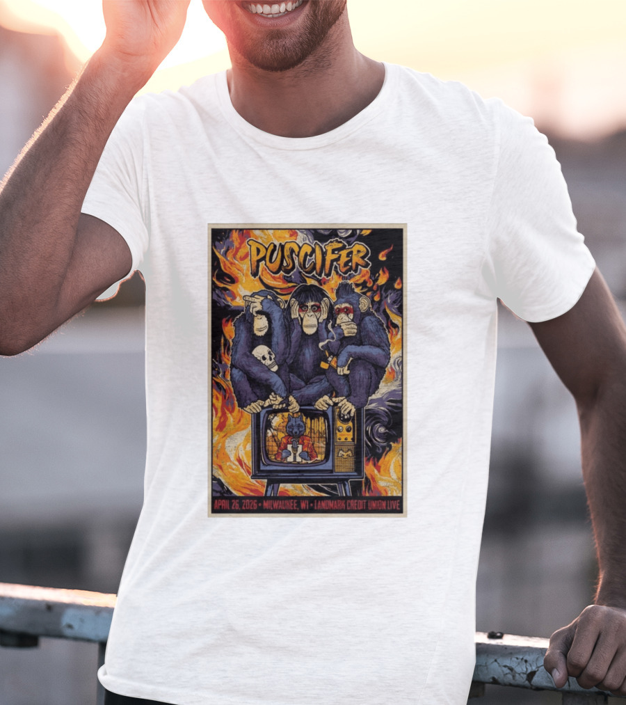 Puscifer April 26 2026 Milwaukee WI Landmark Credit Union Live Monkeys TV Flames T-Shirt
