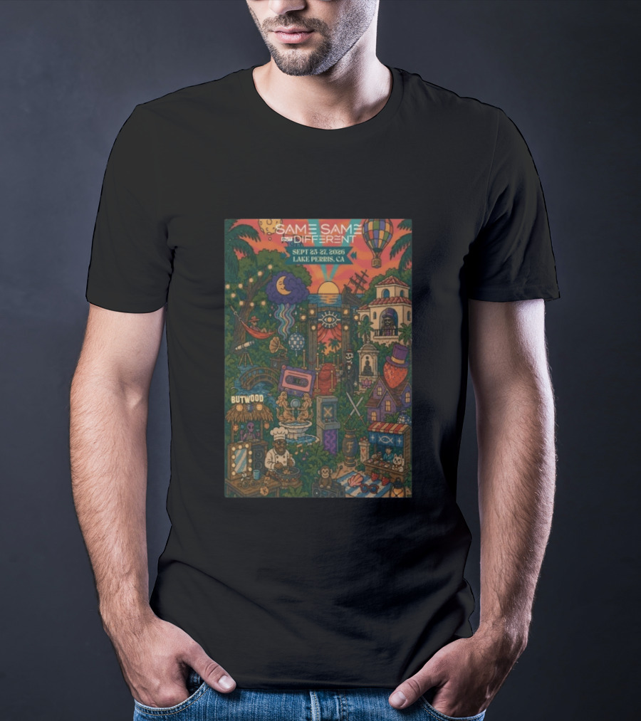 Same Same But Different Festival September 25 27 2026 Lake Perris CA Hot Air Balloon Tropical Landscape T-Shirt