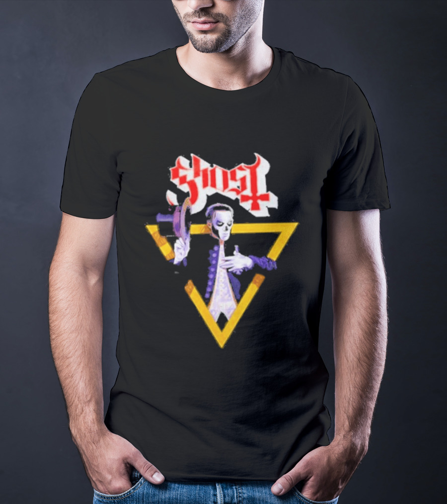 Ghost Papa Emeritus Holding Microphone With Red Gothic T-Shirt