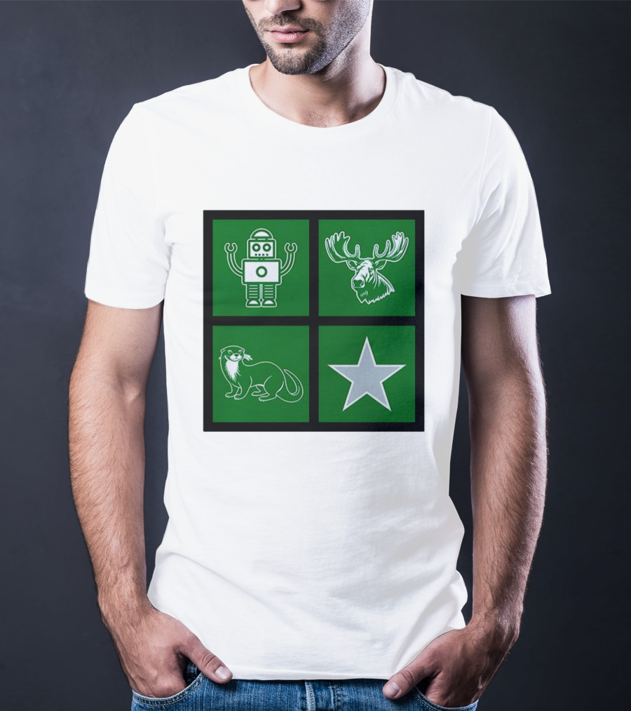 Robot Moose Otter Star Quadrant On Green T-Shirt