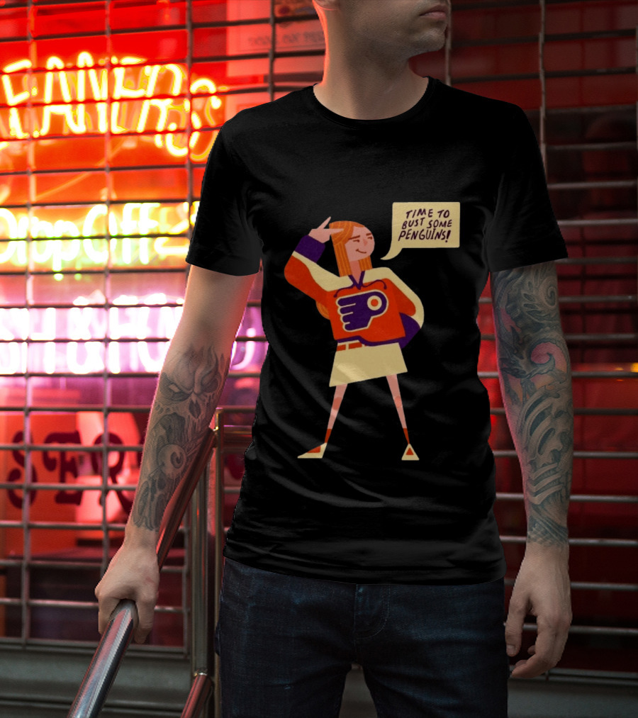 Philadelphia Flyers Time To Bust Some Penguins Retro Cartoon T-Shirt