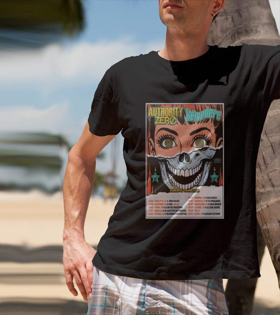 Authority Zero Belvedere Europe Tour 2026 Featuring Futuristic Comic Art Style With Date And Venue List T-Shirt