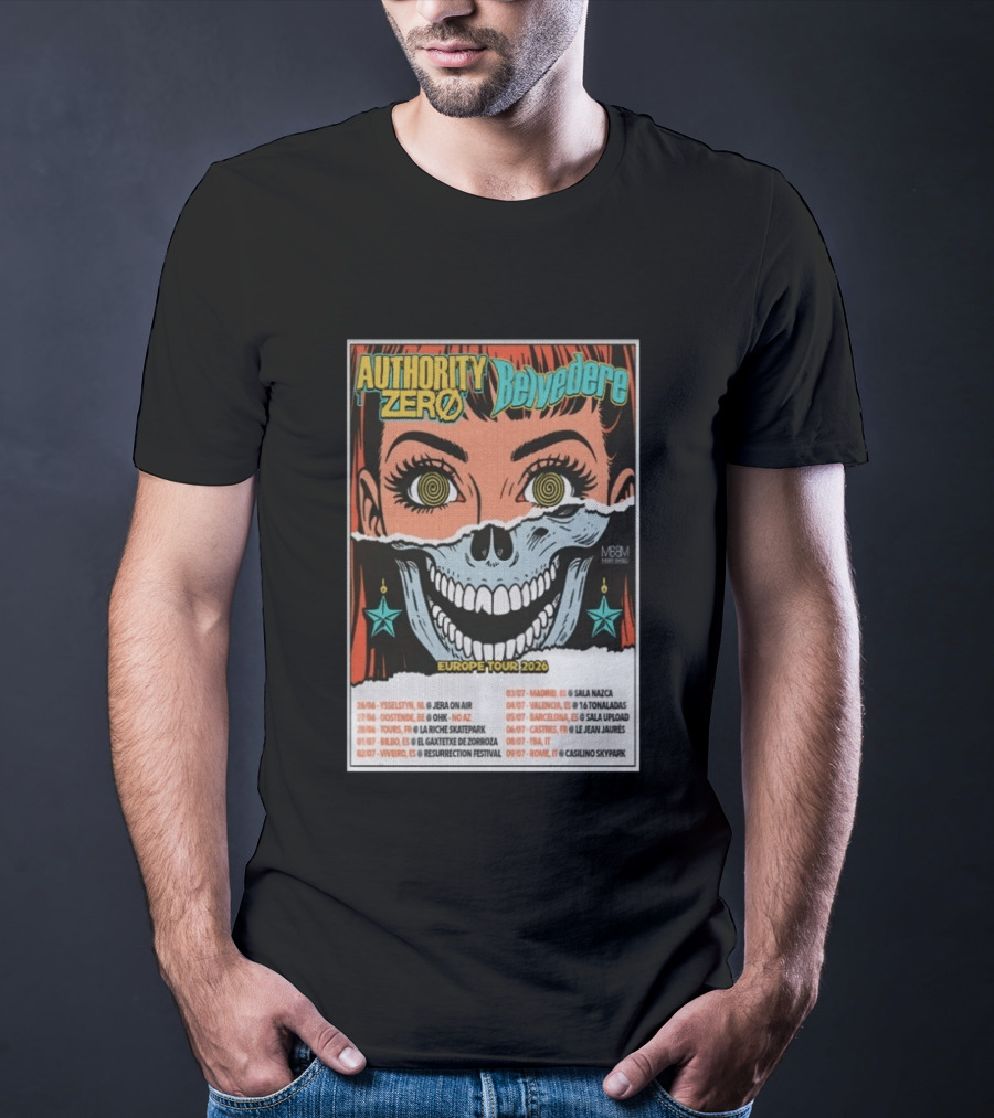 Authority Zero Belvedere Europe Tour 2026 Featuring Futuristic Comic Art Style With Date And Venue List T-Shirt