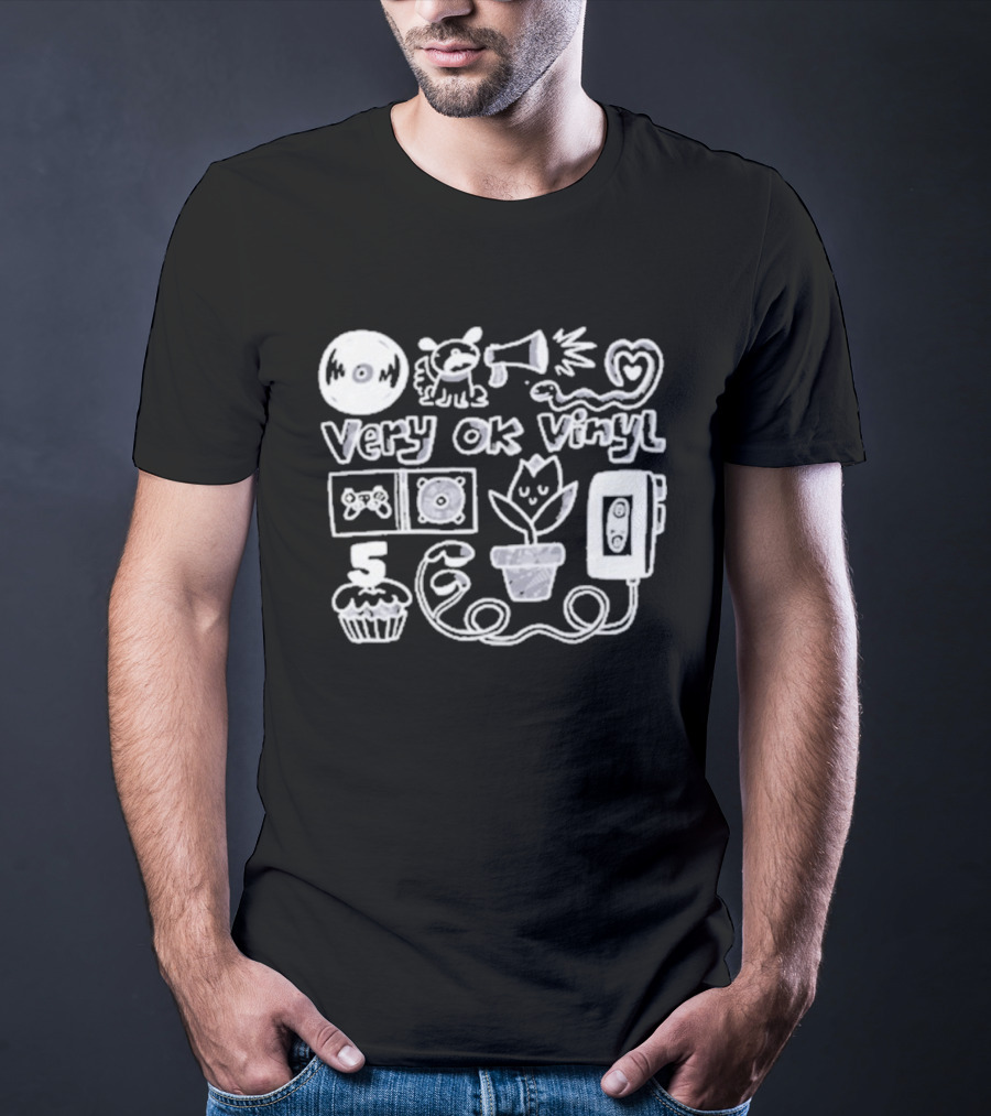 Very Ok Vinyl 5th Anniversary Cupcake Flower Megaphone Heart Cassette Doodle T-Shirt