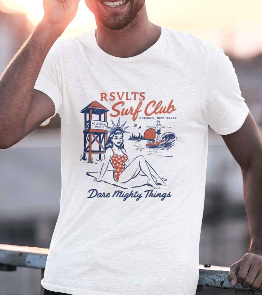 RSVLTS Surf Club Hoboken New Jersey Dare Mighty Things Statue Of Liberty Surfing Vintage Beach Scene T-Shirt