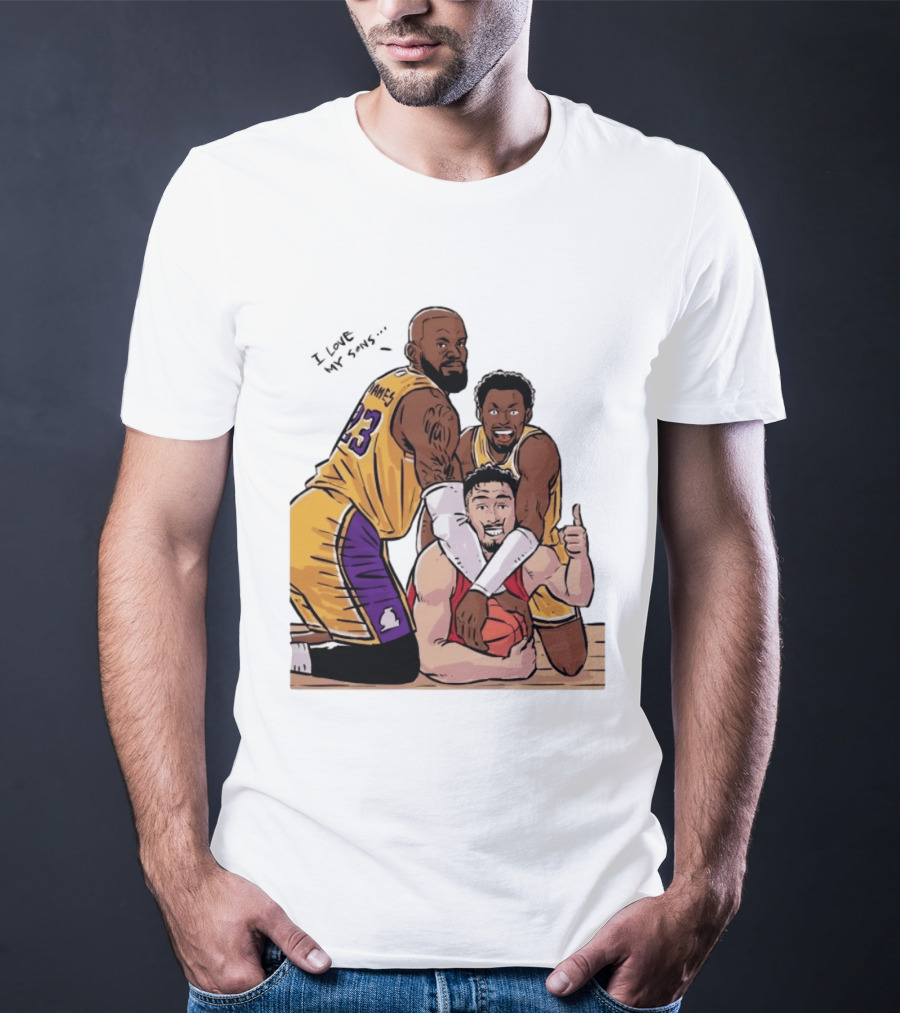 Lebron James Lakers Family Bronny Sengun Cartoon Basketball Scene T-Shirt