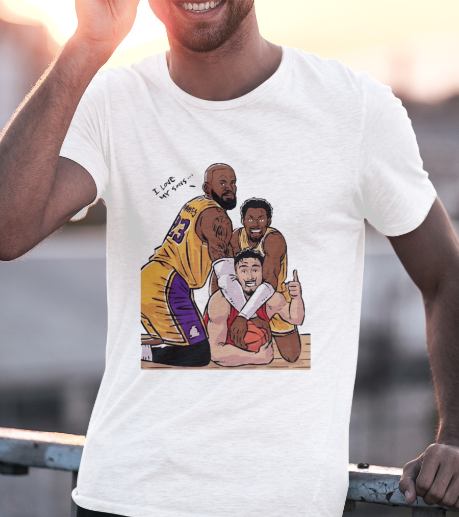 Lebron James Lakers Family Bronny Sengun Cartoon Basketball Scene T-Shirt