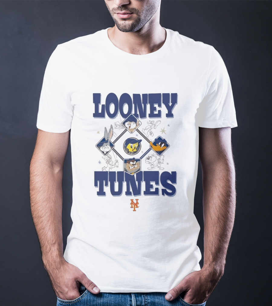 New York Mets Looney Tunes Bugs Tweety Daffy Sylvester Cream New Era T-Shirt