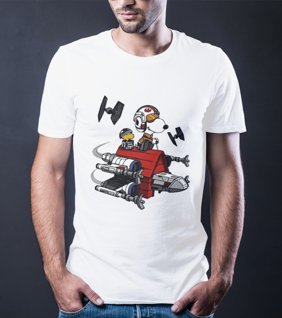 Space Beagle Snoopy Star Wars X Wing Doghouse Woodstock TIE Fighters T-Shirt