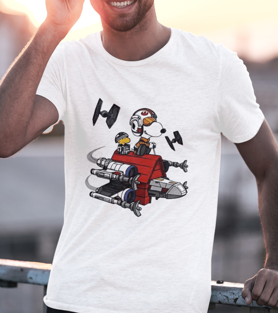 Space Beagle Snoopy Star Wars X Wing Doghouse Woodstock TIE Fighters T-Shirt