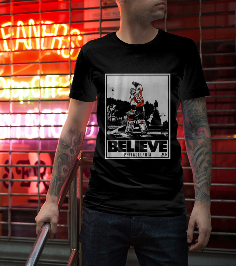 Dan Vladar 80 Jersey Believe Philadelphia Statue Hockey Scene T-Shirt