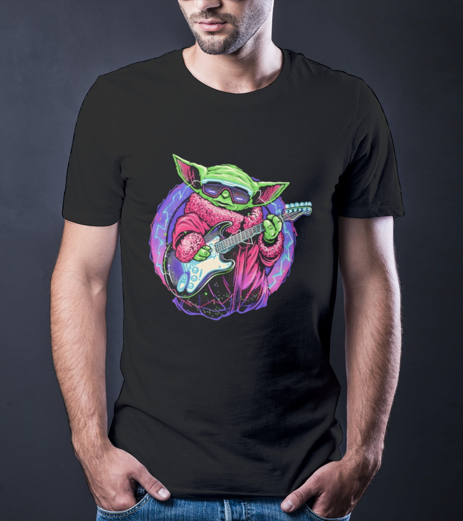 Grogu Electric Galaxy Guitar Blue Neon Lightning T-Shirt